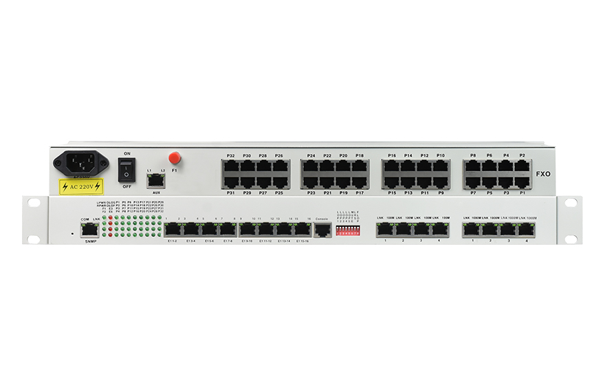 飛暢科技-32路電話+16E1+4FE+4GE+2路數(shù)據(jù)+SNMP+console（19英寸，物理隔離）電話光端機